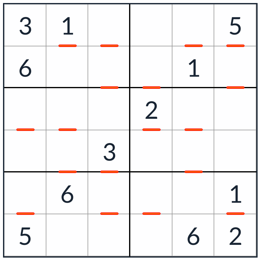 anti-rey consecutivo sudoku 6x6 rompecabezas
