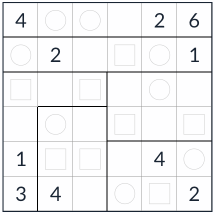 Anti-nudito Irregular Even-Odd Sudoku 6x6