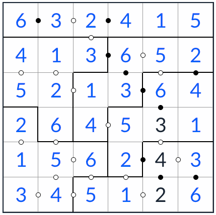 Kropki Irregular Sudoku 6x6 Solución