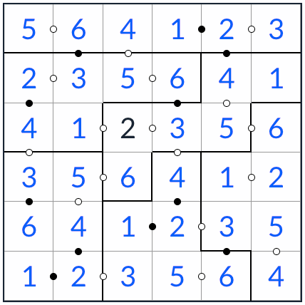 anti-rey irregular kropki sudoku 6x6 solución