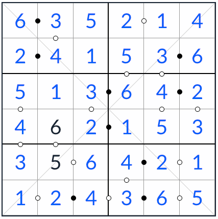 diagonal kropki sudoku 6x6 solución