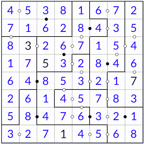 solución irregular kropki sudoku 8x8