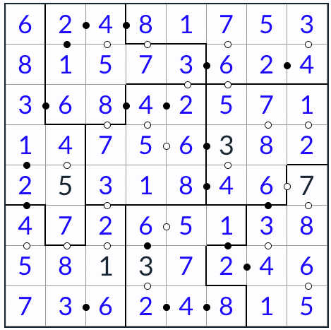 anti-rey irregular kropki sudoku 8x8 solución