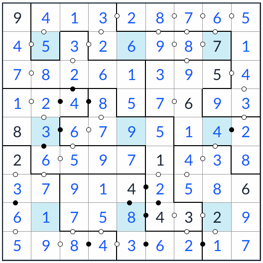 Centro irregular Dot Kropki Solución Sudoku