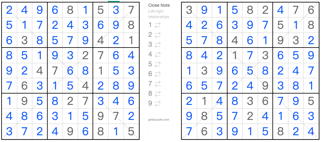 Twin Correspondiente solución de sudoku anti-king diagonal